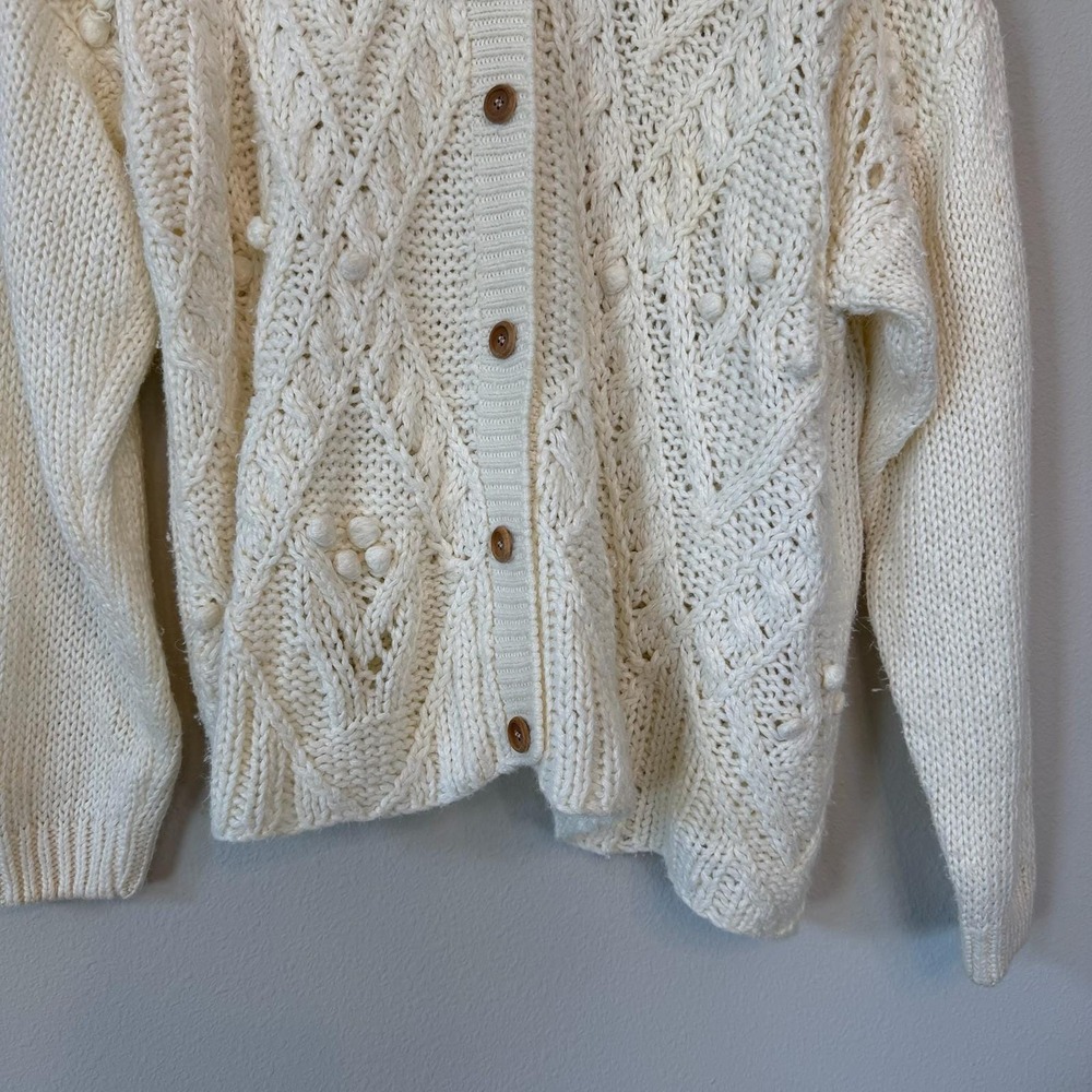Vtg Fisherman Cardigan XL Cream Ramie Cotton Chunky Cable Knit Bobble Sweater - Picture 5 of 11